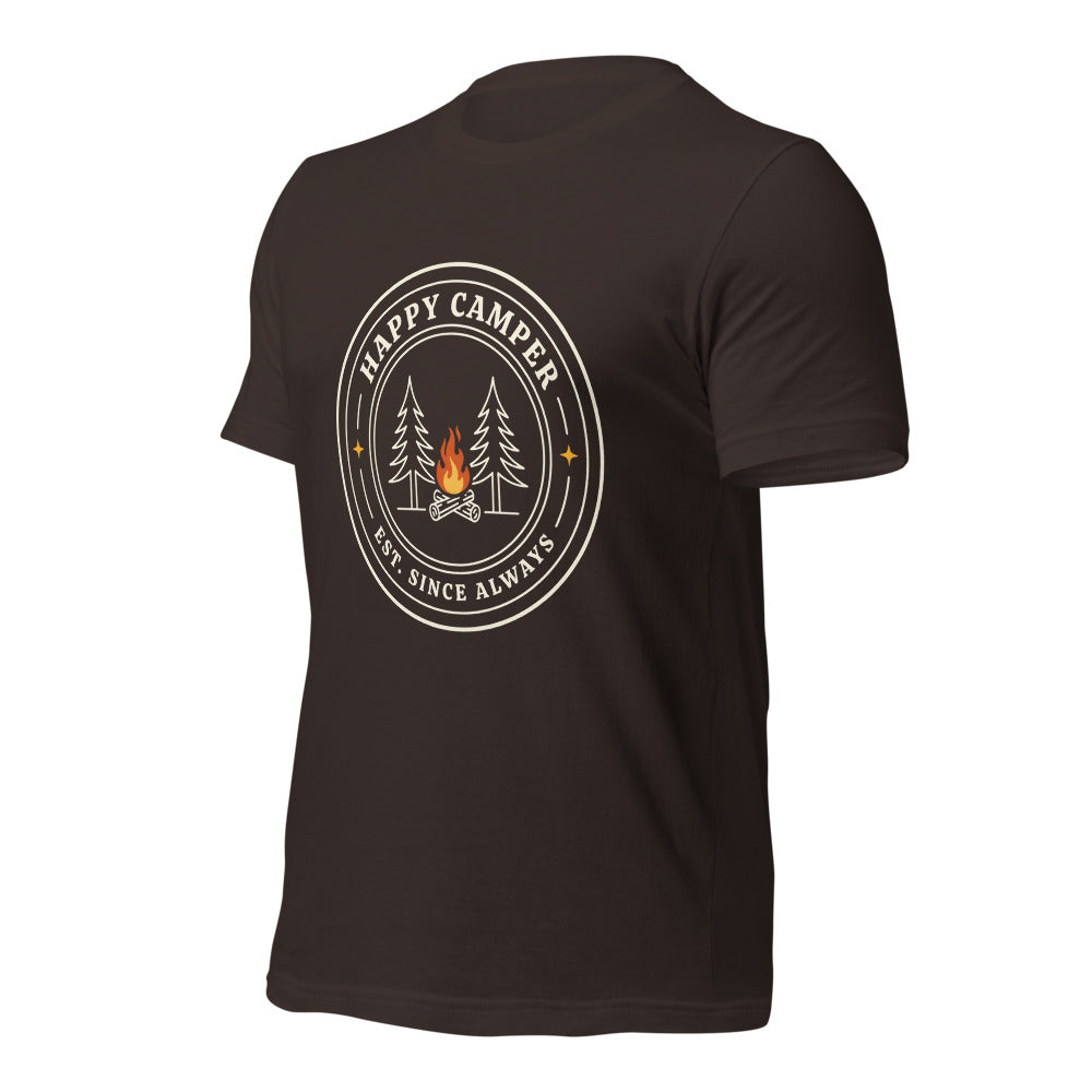 Happy Camper retro camp badge tee — Brown, front right