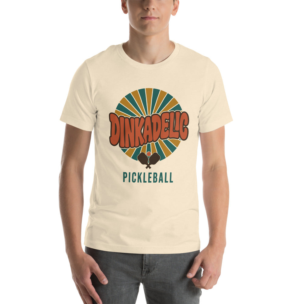 Dinkadelic retro 70s pickleball tee — Heather Natural, on model