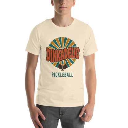 Dinkadelic retro 70s pickleball tee — Heather Natural, on model