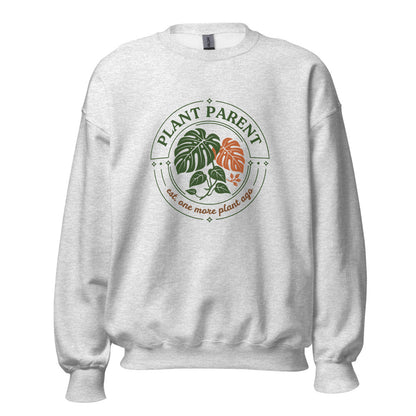 Plant Parent retro botanical badge crewneck sweatshirt — Ash, front