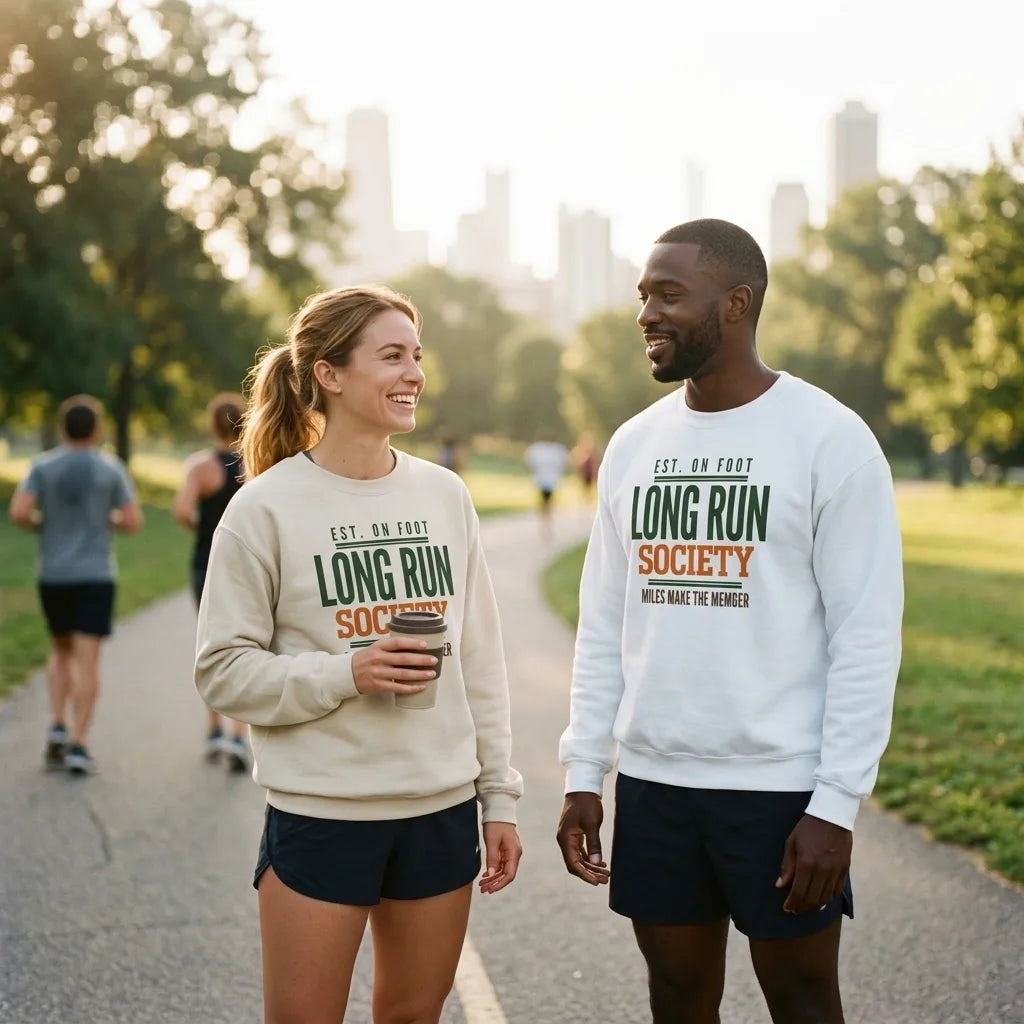 Long Run Society crewneck on a couple — woman in Sand, man in White — golden-hour park run