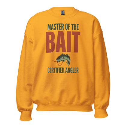 Master of the Bait retro fishing humor crewneck sweatshirt — Gold, front