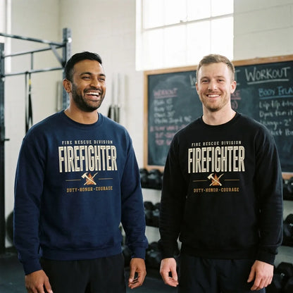 Firefighter collegiate wordmark retro fire-rescue crewneck sweatshirt — lifestyle
