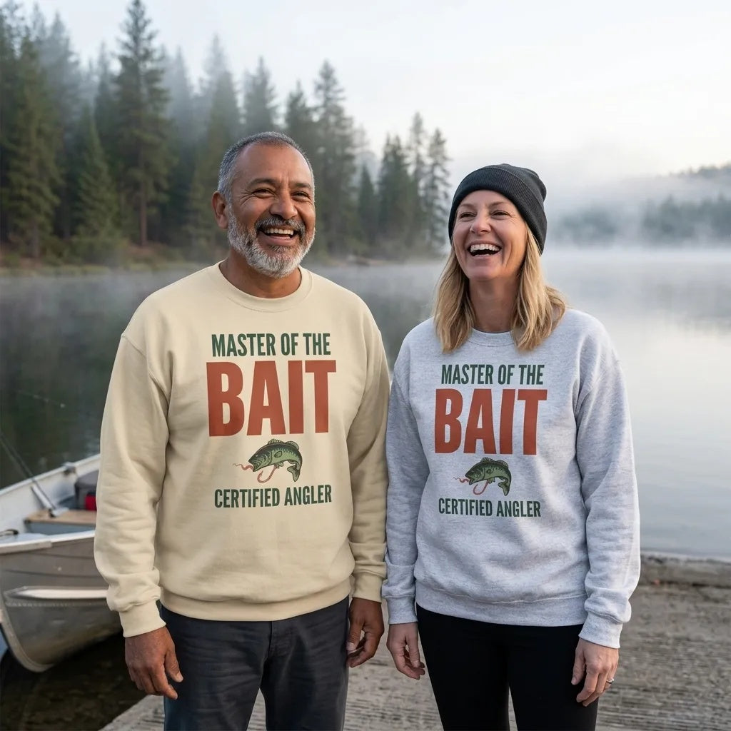 Two anglers laughing at a misty dawn lake boat launch wearing Master of the Bait fishing crewneck sweatshirts