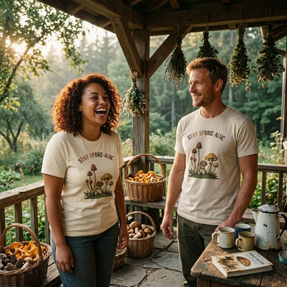 Stay Spore-adic funny vintage mushroom tee — lifestyle
