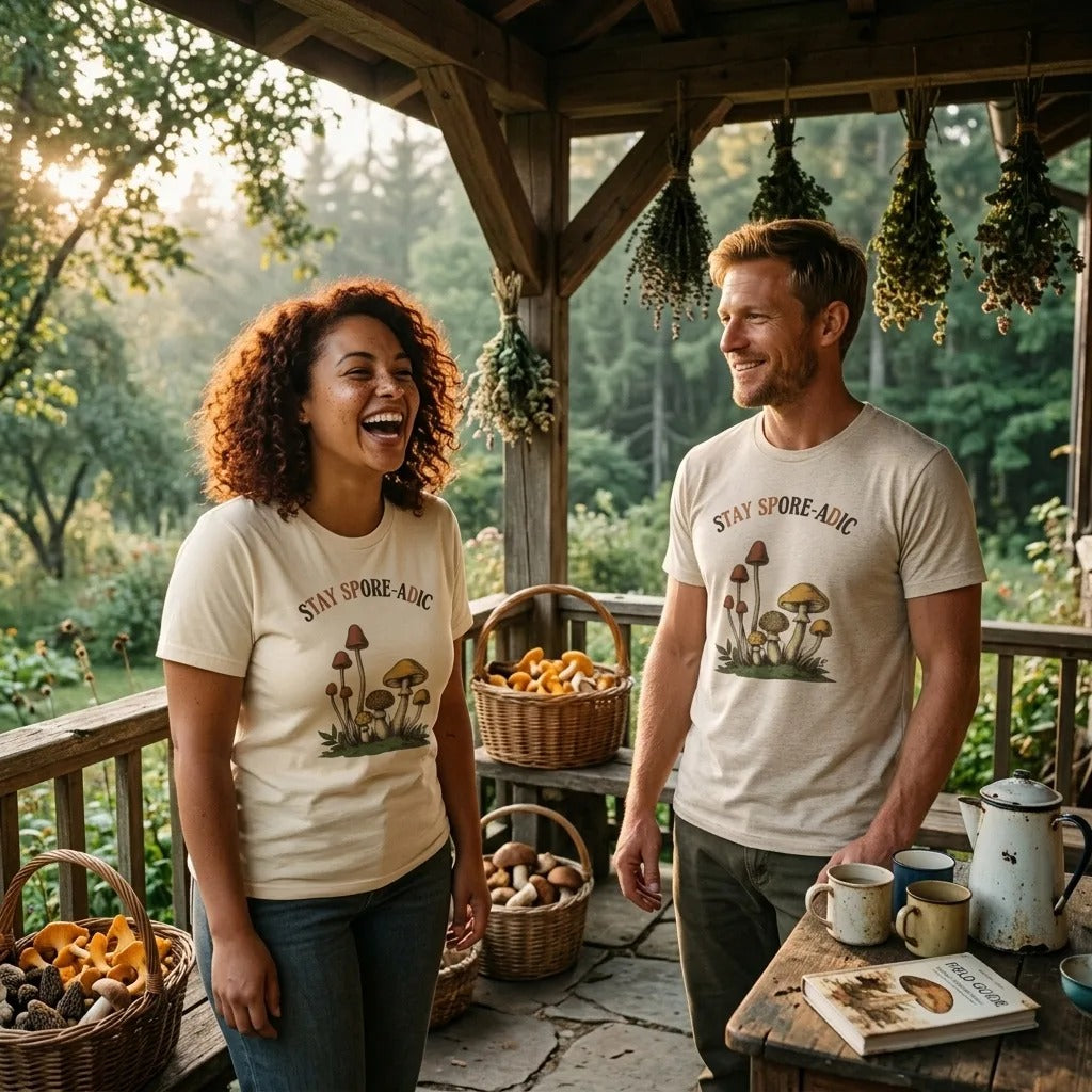 Stay Spore-adic funny vintage mushroom tee — lifestyle