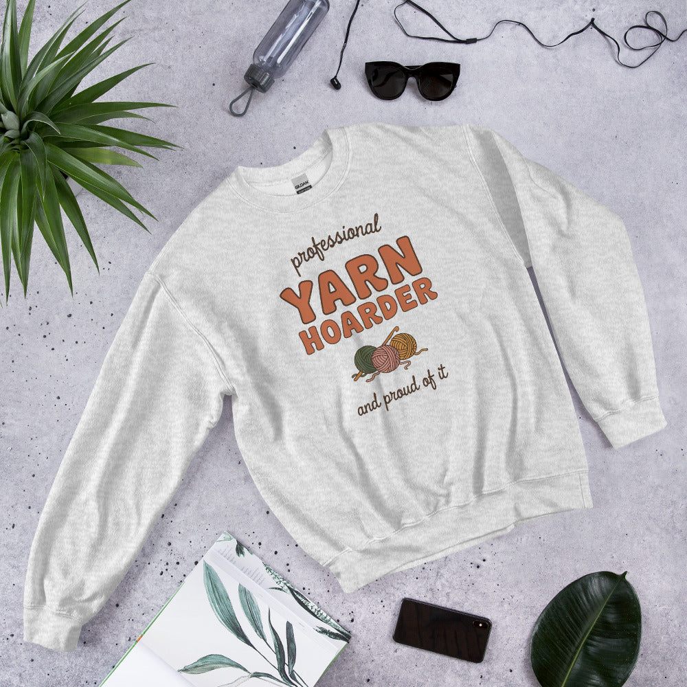 Professional Yarn Hoarder crochet cottagecore crewneck sweatshirt — Ash, front-right