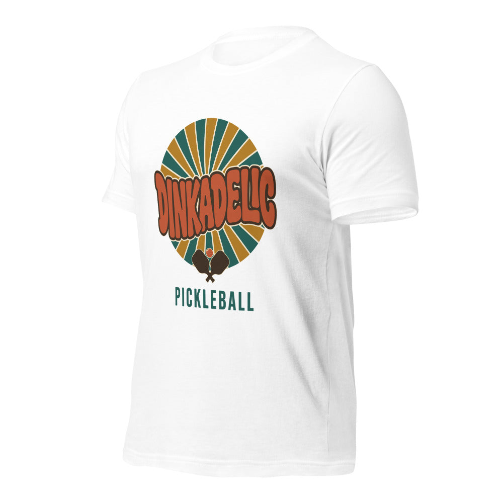 Dinkadelic retro 70s pickleball tee — White, front-right angle