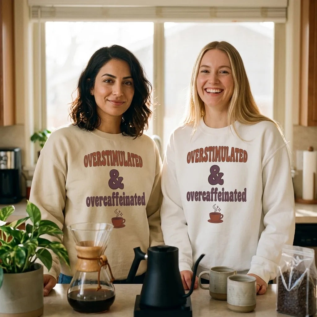 Overstimulated & Overcaffeinated soft retro coffee mental health crewneck sweatshirt — lifestyle