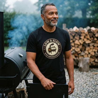 Low & Slow BBQ smoker tee — lifestyle
