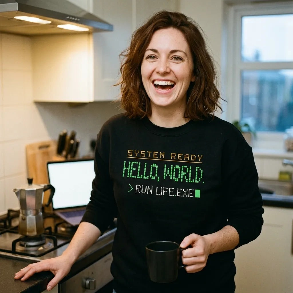 Hello World retro boot screen programmer crewneck sweatshirt — lifestyle