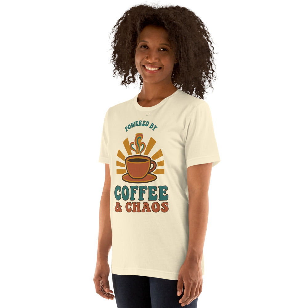 Powered By Coffee And Chaos retro groovy teacher tee — Natural, on model
