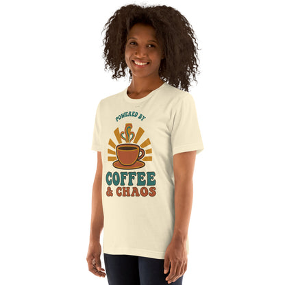 Powered By Coffee And Chaos retro groovy teacher tee — Natural, on model