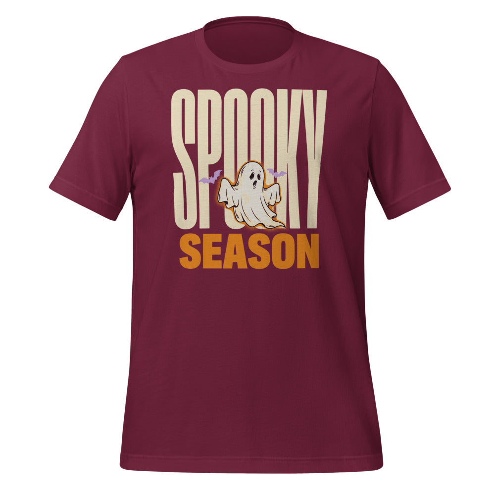 Spooky Season retro Halloween ghost typography tee — Maroon, front