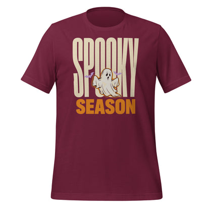 Spooky Season retro Halloween ghost typography tee — Maroon, front