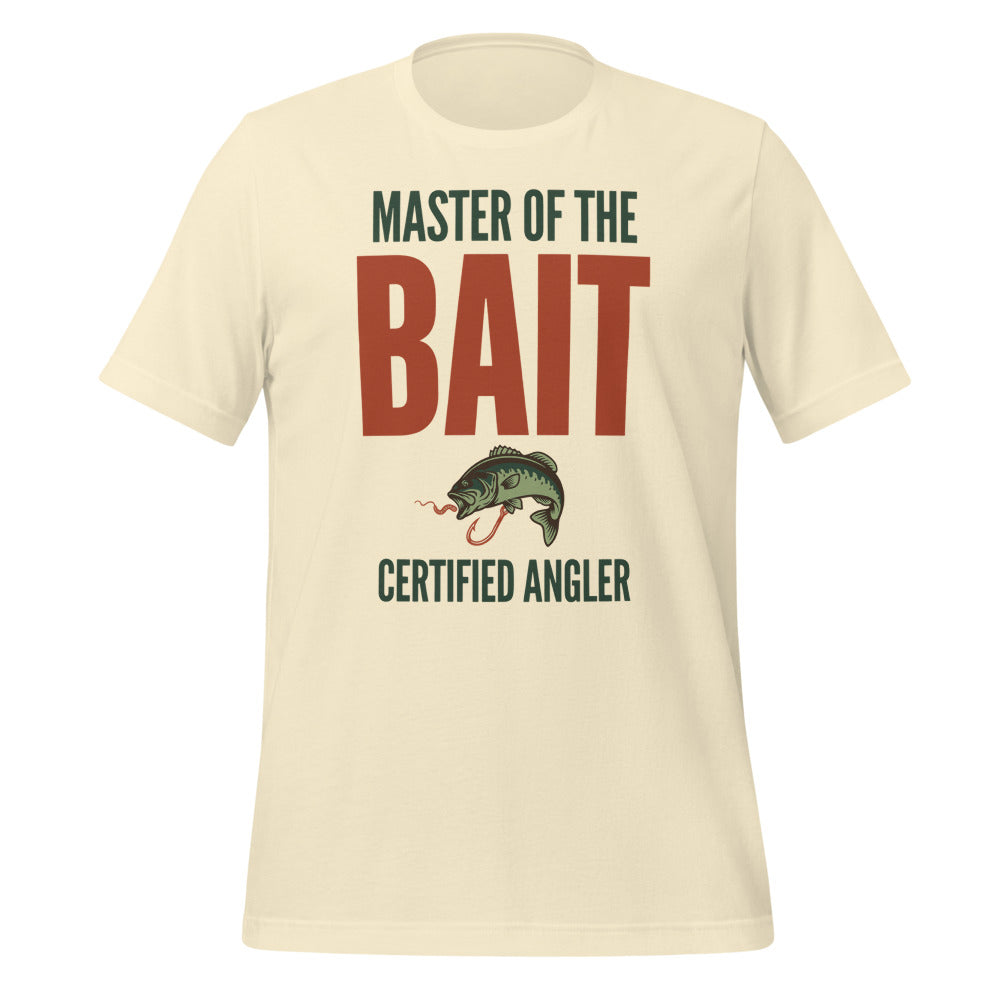 Master of the Bait retro fishing humor typography tee — Natural, front