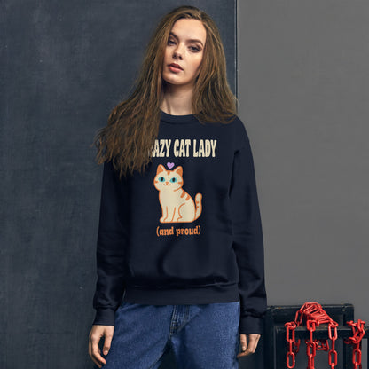 Crazy Cat Lady and Proud retro Y2K crewneck sweatshirt — Navy, on model