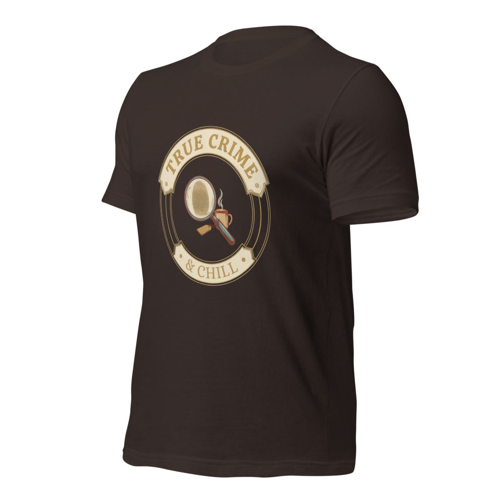 True Crime and Chill vintage case-file badge tee — Brown, front-right