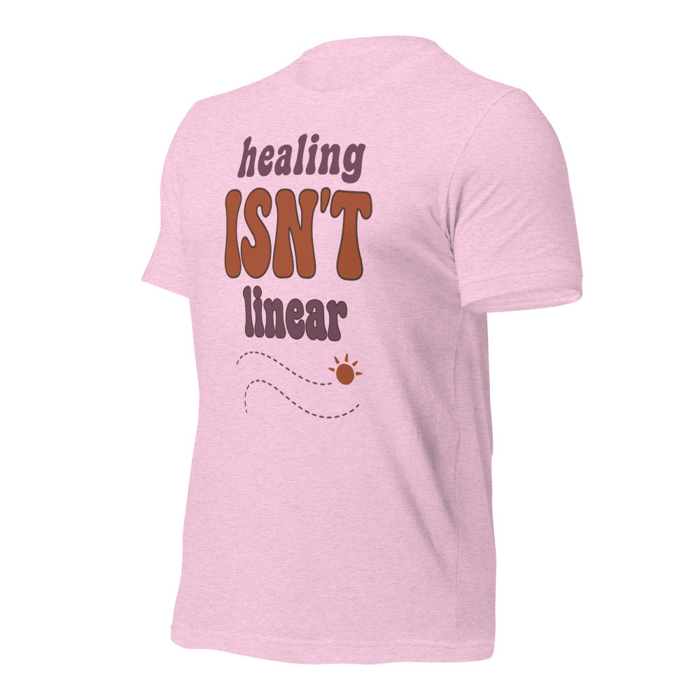 Healing Isn't Linear soft retro mental health tee — Heather Prism Lilac, front right
