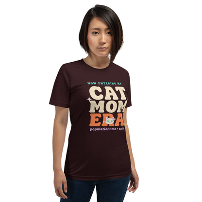 Cat Mom Era retro Y2K tee on model — Oxblood Black