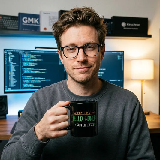 Hello World programmer mug — lifestyle
