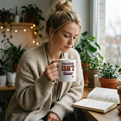 Healing Isn't Linear soft retro mental health mug — lifestyle