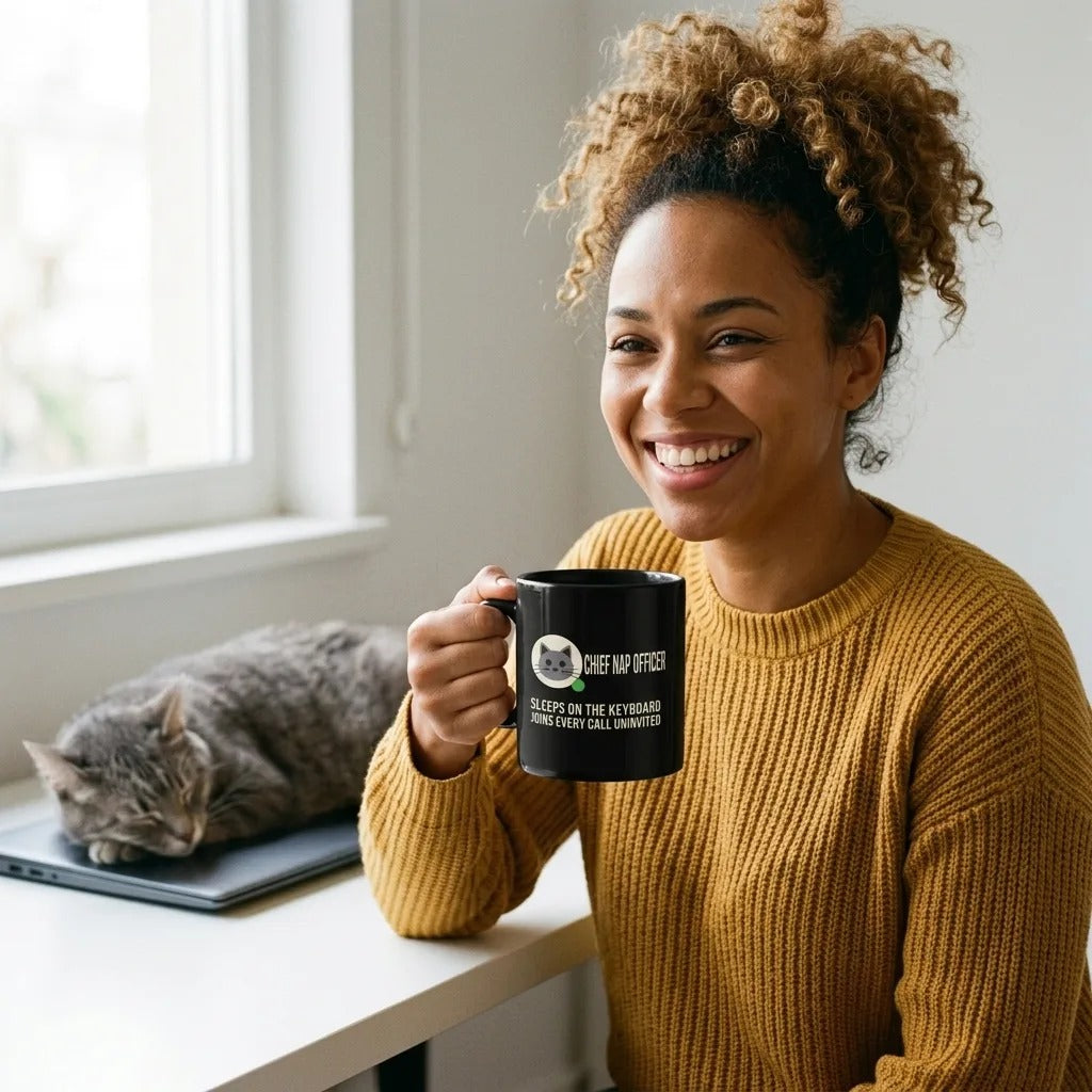 Chief Nap Officer cat profile card mug — lifestyle