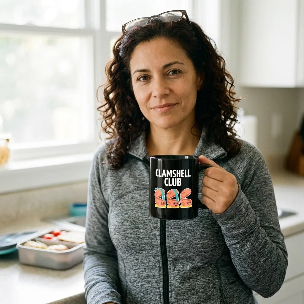 Clamshell Club funny physical therapy mug — lifestyle