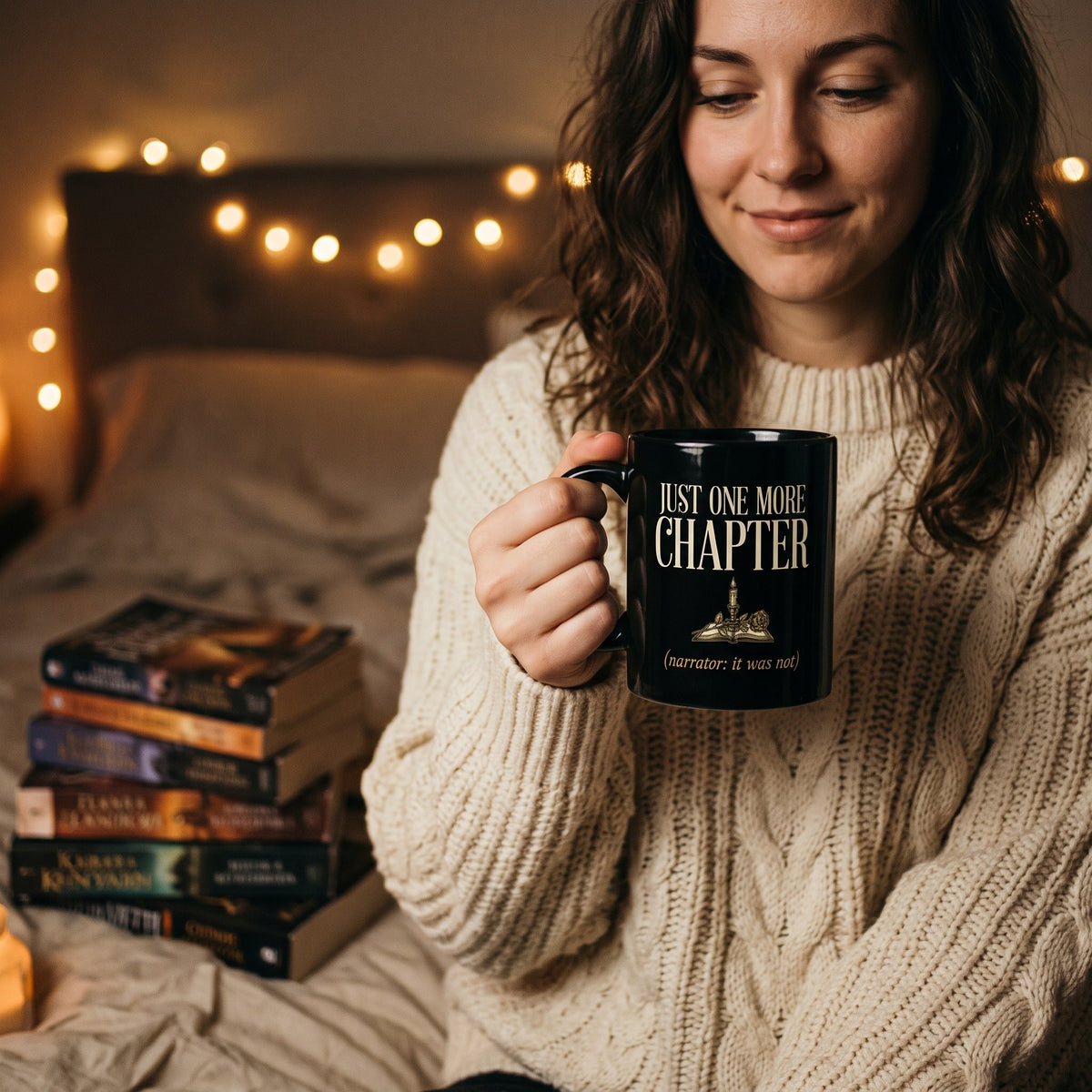 Just One More Chapter book lover dark academia print — lifestyle