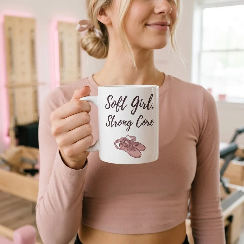 Soft Girl, Strong Core ballet-slipper pilates mug — lifestyle