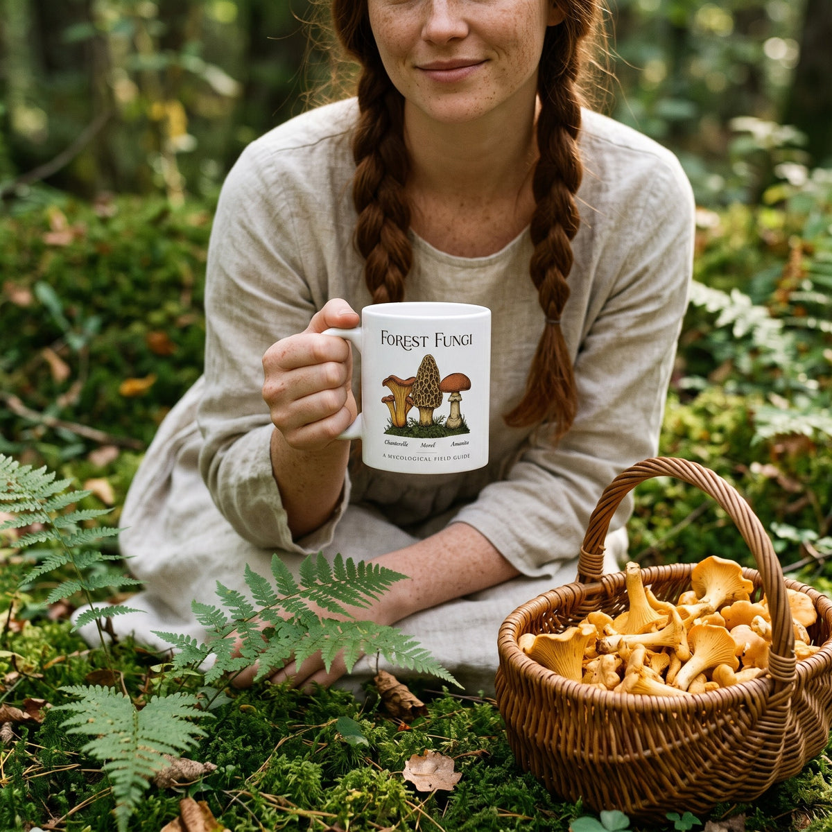 Forest Fungi vintage mushroom field guide mug — lifestyle
