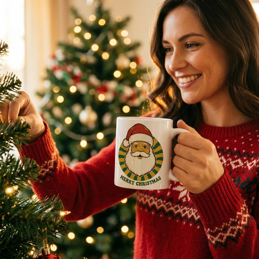 Groovy Santa retro Christmas mug — lifestyle