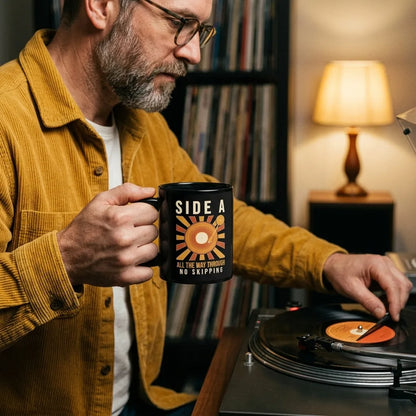 Side A No Skipping vinyl record mug — lifestyle