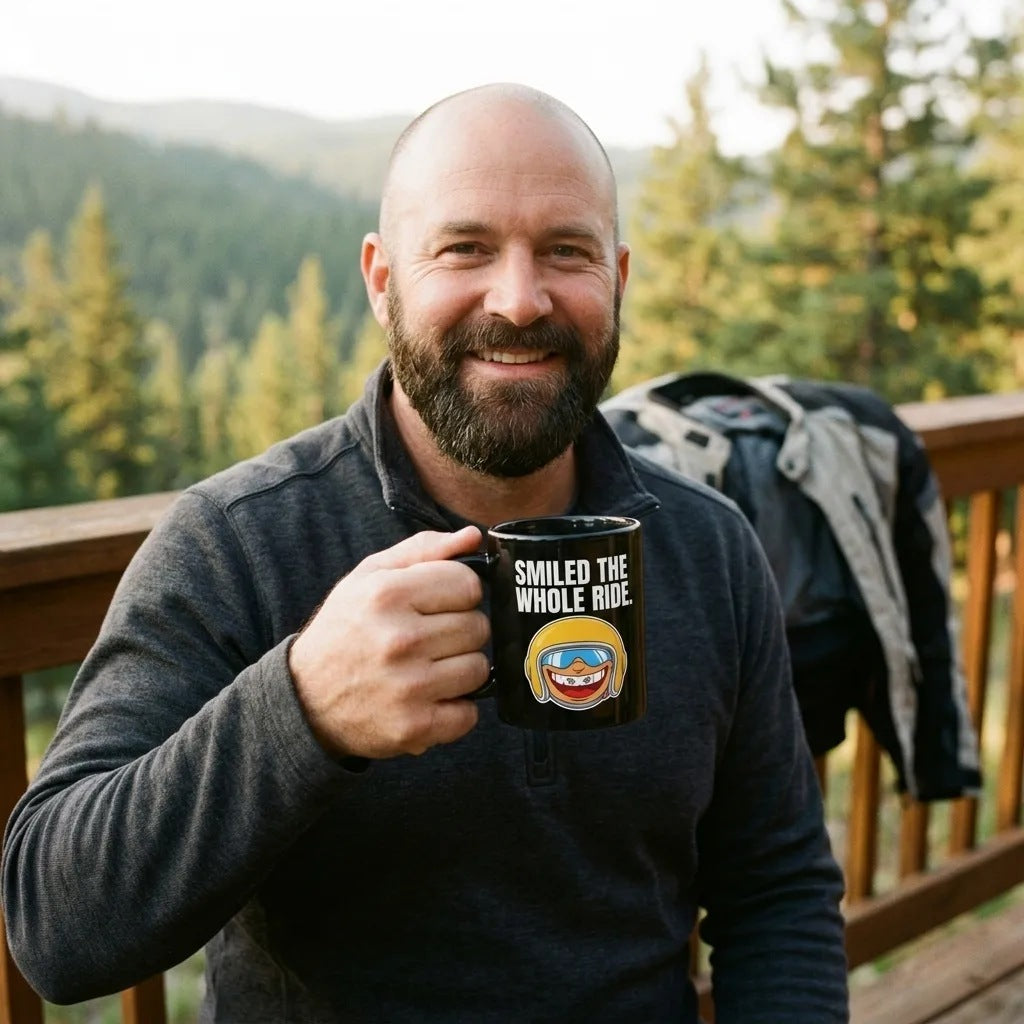 Smiled The Whole Ride funny motorcycle mug — lifestyle