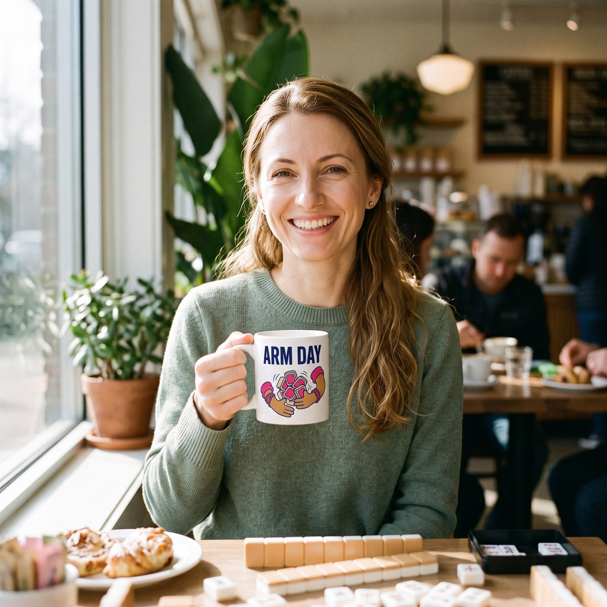 Arm Day funny mahjong mug — lifestyle