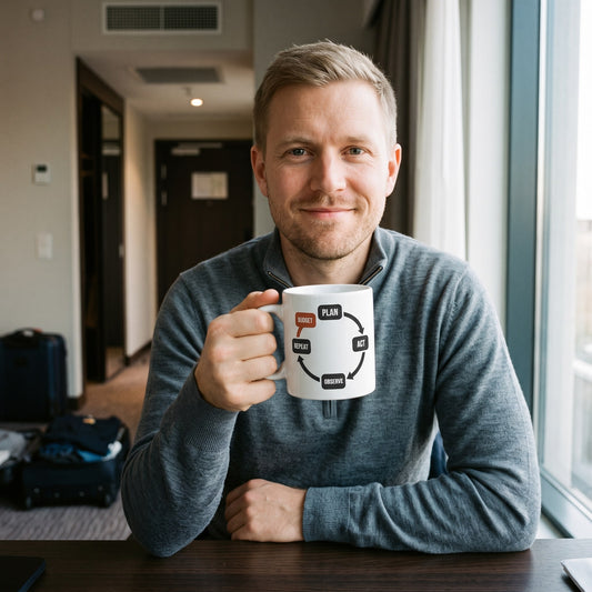 Plan Act Observe Repeat mug — lifestyle