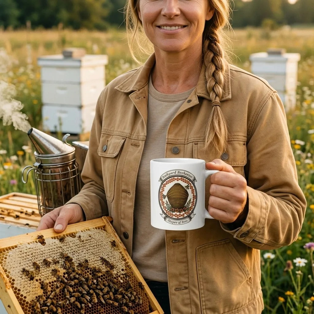 Backyard Beekeeper Keeper of Bees vintage apiary crest ceramic mug — lifestyle