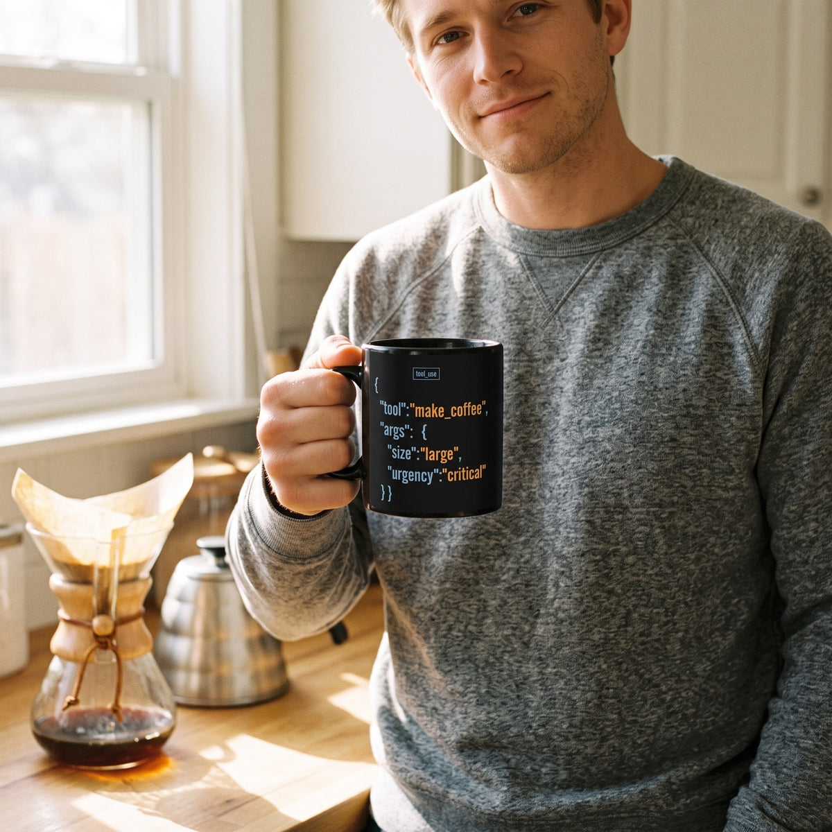 Tool Call Make Coffee AI engineer mug — lifestyle