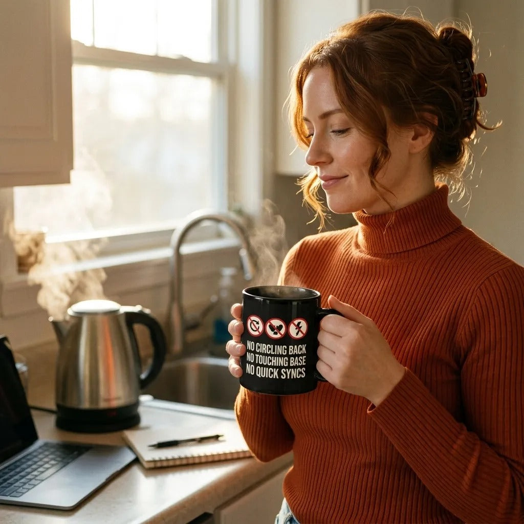 No Circling Back corporate jargon prohibition signs mug — lifestyle