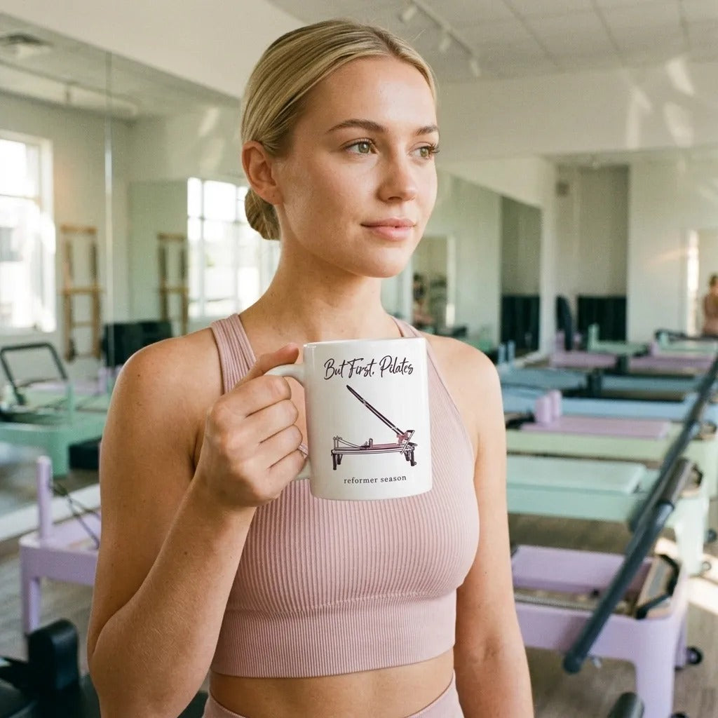 But First Pilates reformer line-art mug — lifestyle
