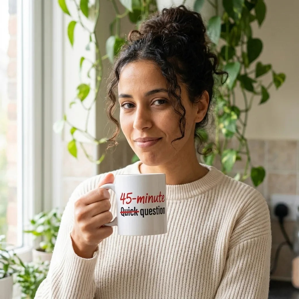 Quick Question funny office coffee mug — lifestyle