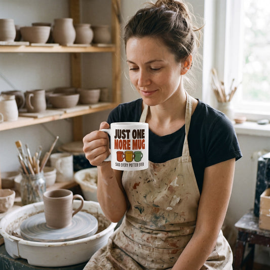 Just One More Mug funny pottery mug — lifestyle