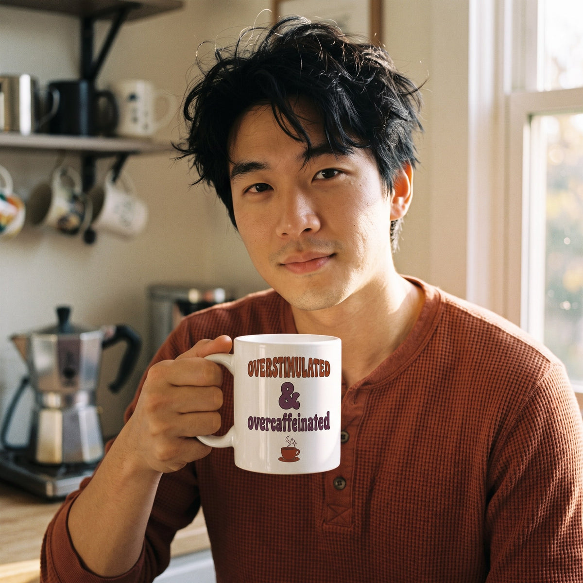 Overstimulated & Overcaffeinated funny mental health mug — lifestyle