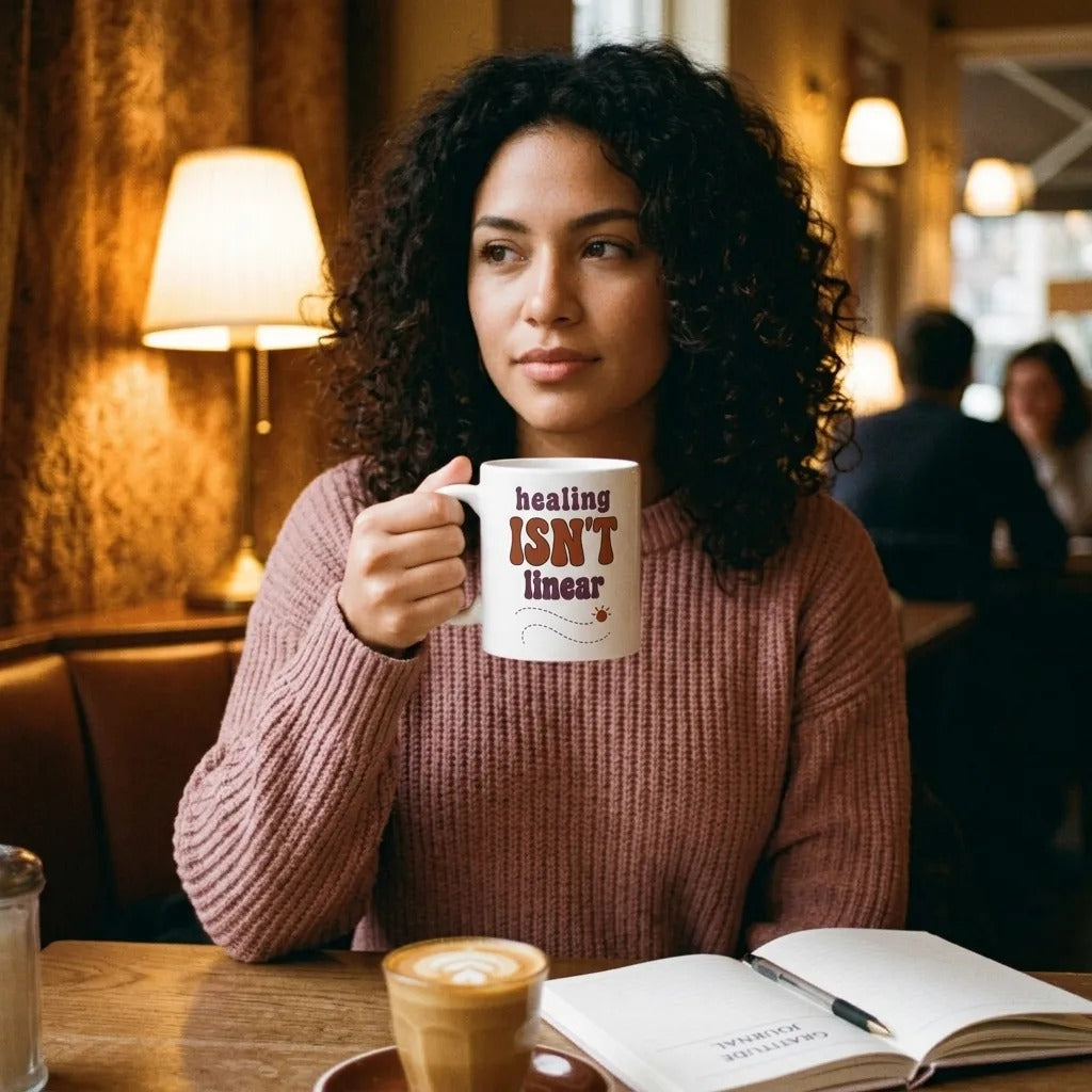 Healing Isn't Linear soft retro mental health mug — lifestyle