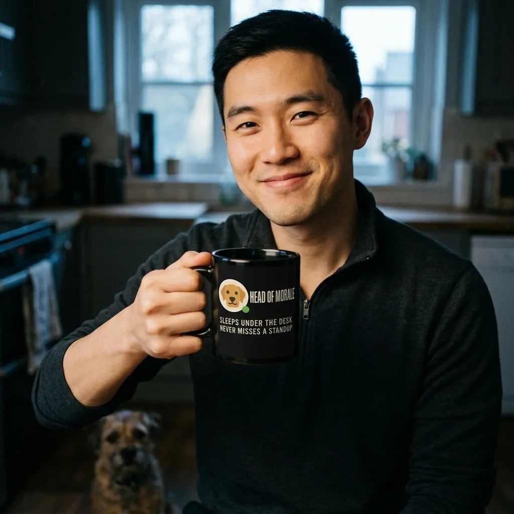 Head of Morale dog profile card mug — lifestyle