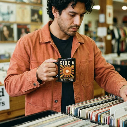 Side A No Skipping vinyl record mug — lifestyle
