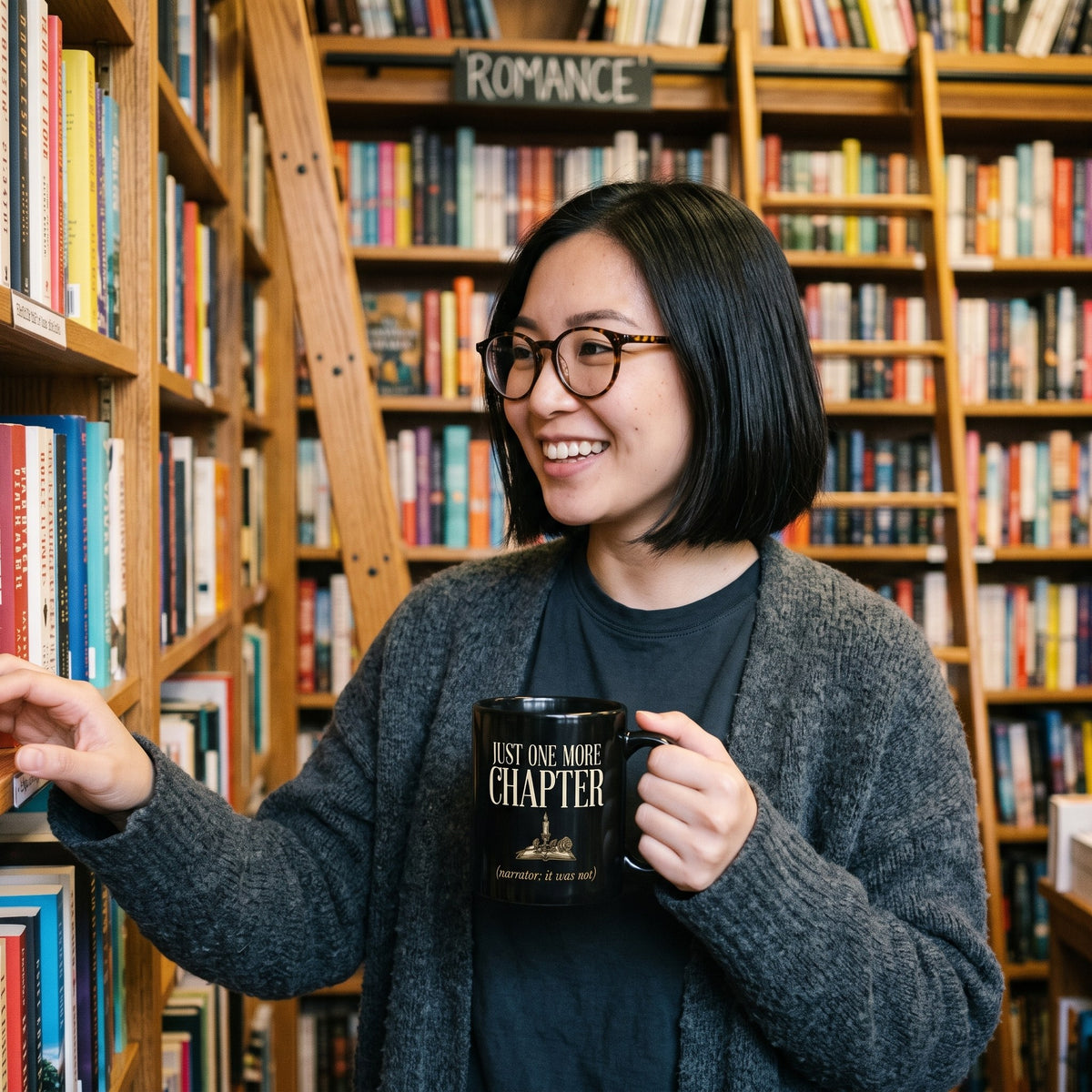 Just One More Chapter book lover dark academia print — lifestyle