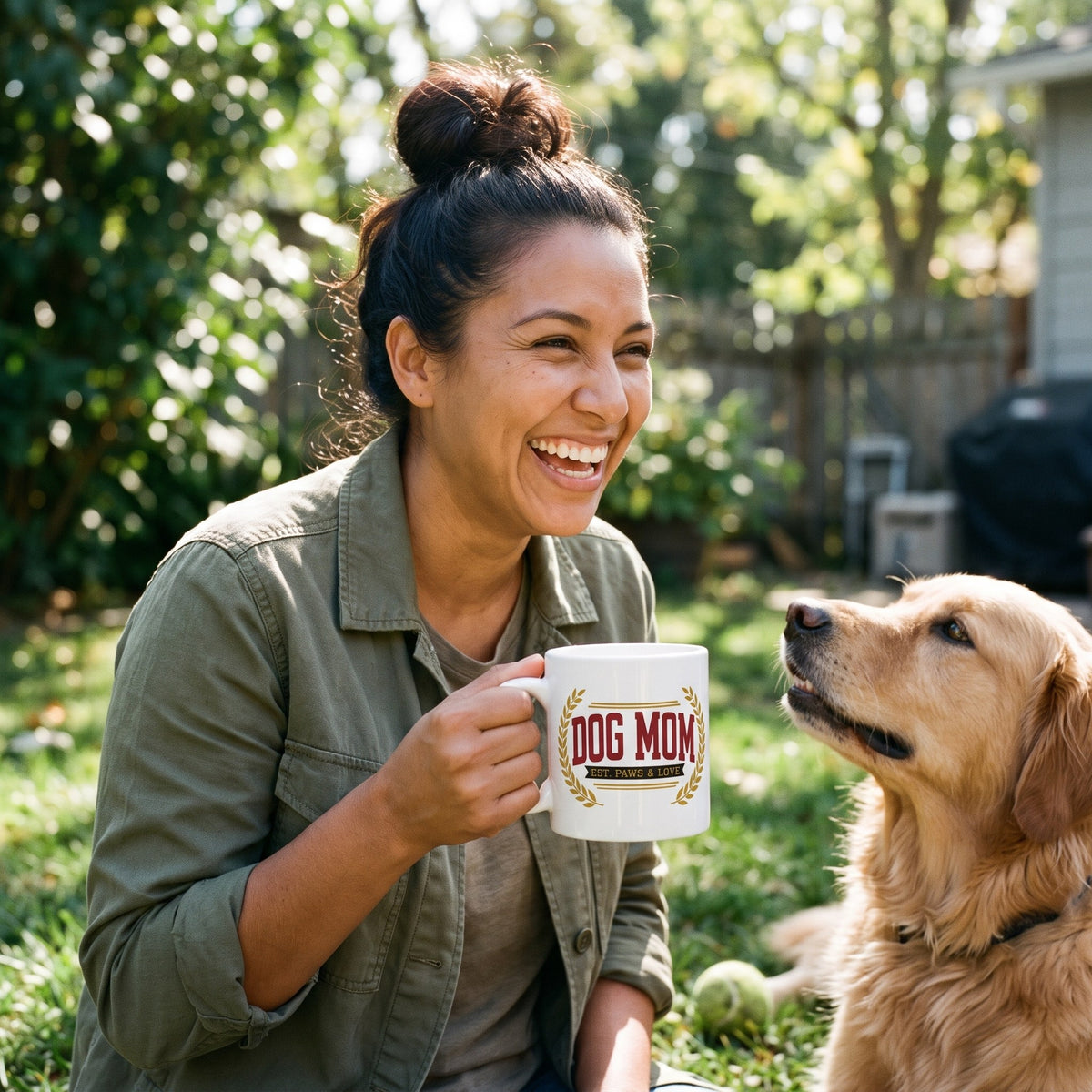 Dog Mom Est. Varsity Wordmark print — lifestyle