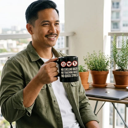 No Circling Back corporate jargon prohibition signs mug — lifestyle