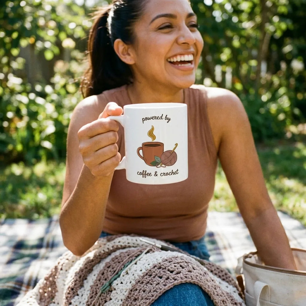Powered by Coffee & Crochet print — lifestyle